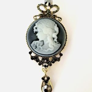 SALE! NEW! Grey & White Cameo Brooch w/Austrian Crystals in Goldtone